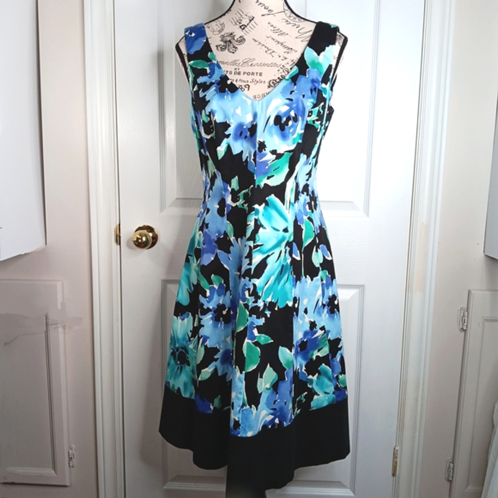 NWOT Chaps Sleeveless Midi Dress A-Line Teal Blue Black Floral Size 6 Vacation